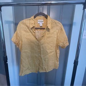 Rachel Zoe linen button down short sleeve top mustard yellow & white polka dots